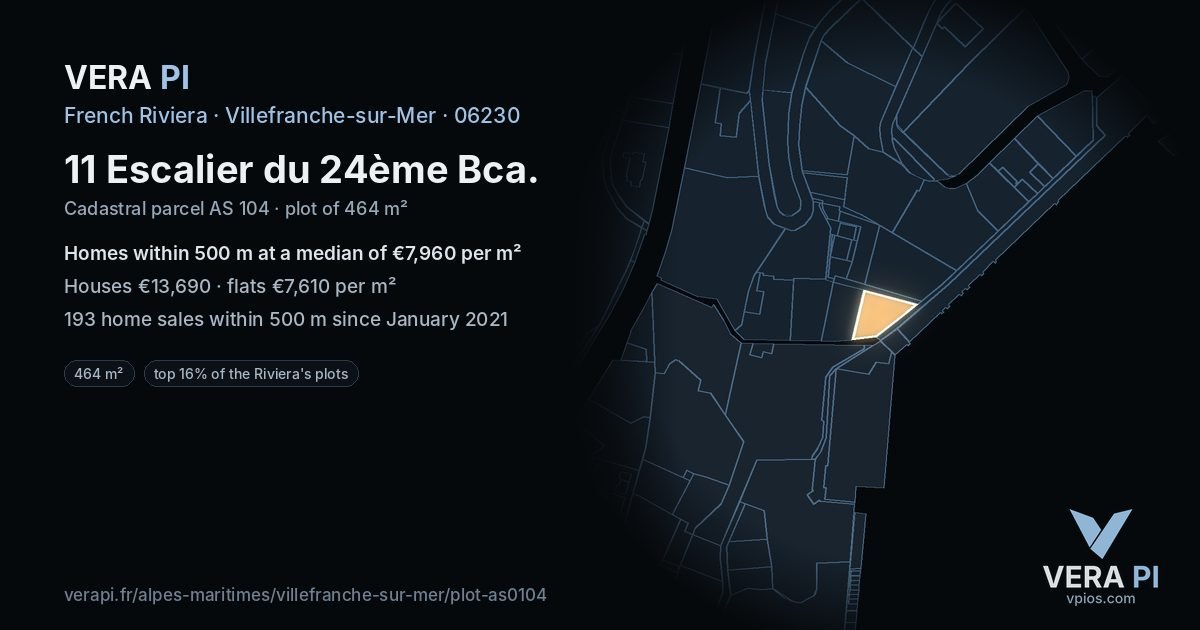 11 Escalier du 24ème Bca, Villefranche-sur-Mer at night – the plot lit, the parcels around coloured by the prices near them
