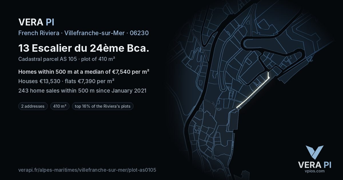 13 Escalier du 24ème Bca, Villefranche-sur-Mer at night – the plot lit, the parcels around coloured by the prices near them
