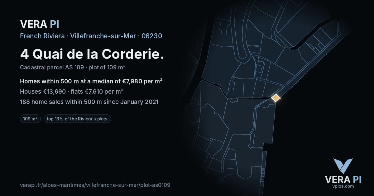 4 Quai de la Corderie, Villefranche-sur-Mer at night – the plot lit, the parcels around coloured by the prices near them