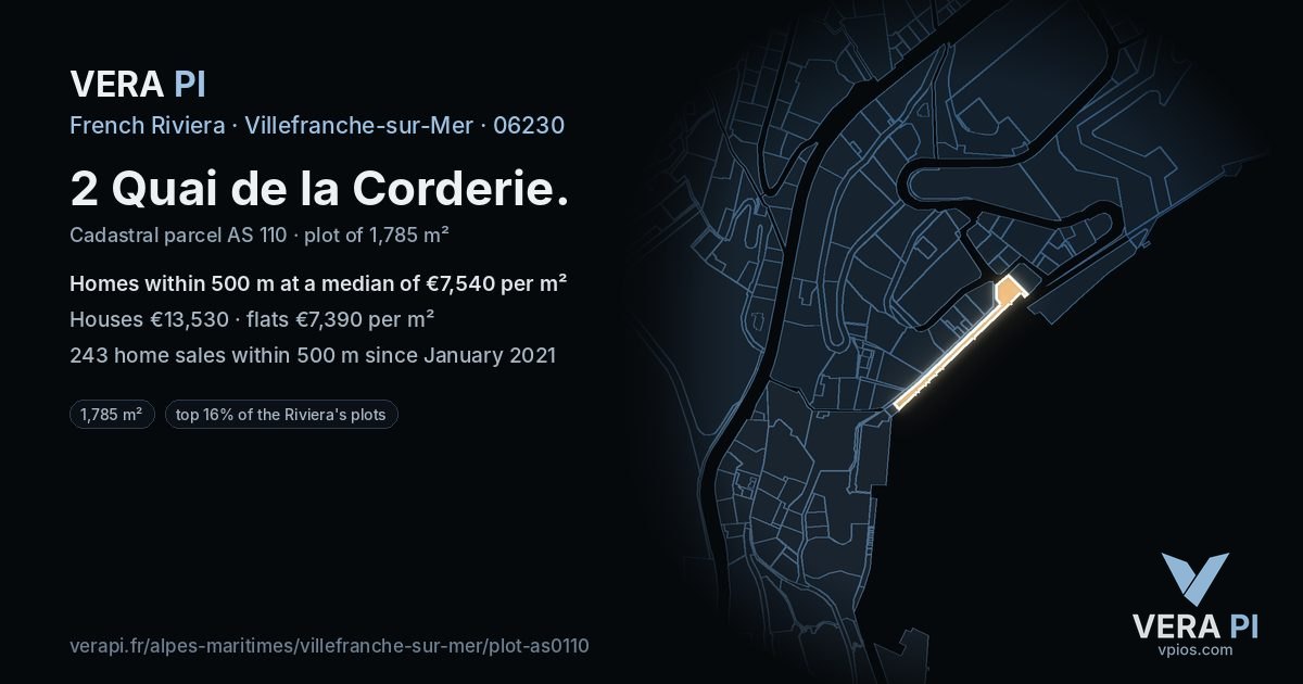 2 Quai de la Corderie, Villefranche-sur-Mer at night – the plot lit, the parcels around coloured by the prices near them
