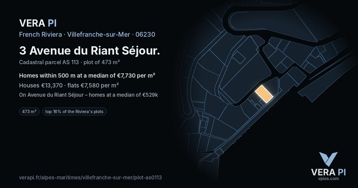 3 Avenue du Riant Séjour, Villefranche-sur-Mer at night – the plot lit, the parcels around coloured by the prices near them