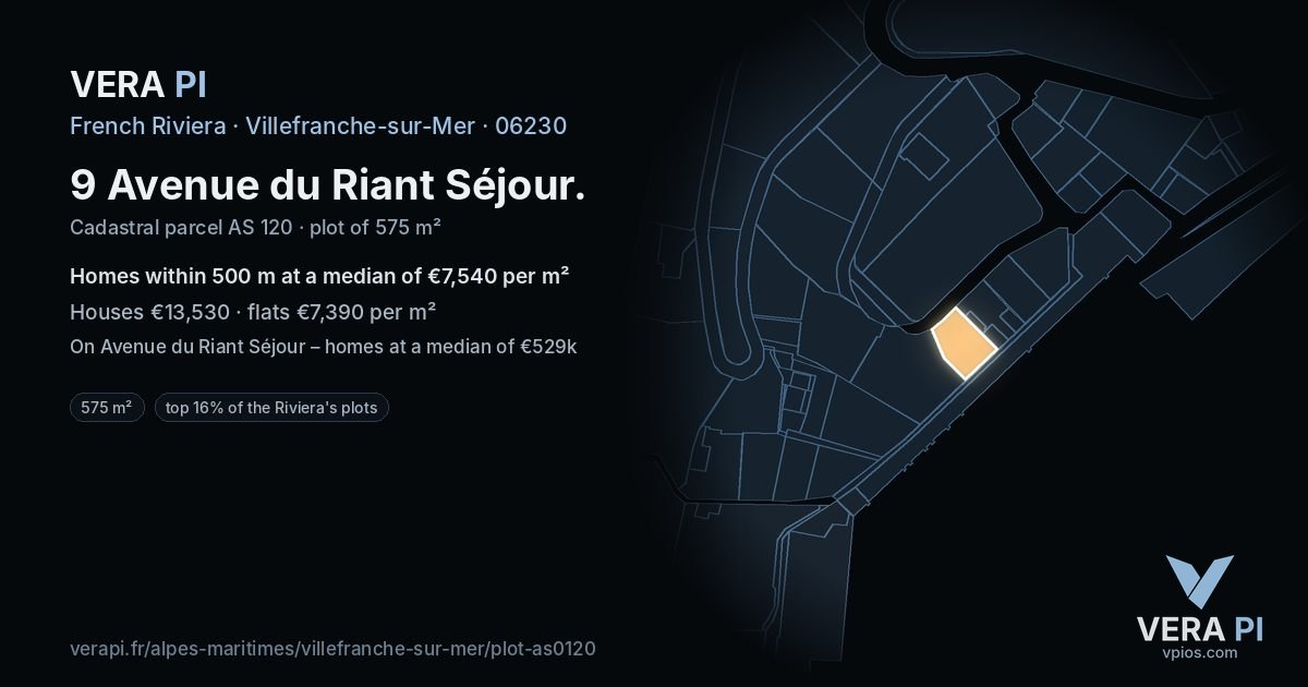 9 Avenue du Riant Séjour, Villefranche-sur-Mer at night – the plot lit, the parcels around coloured by the prices near them