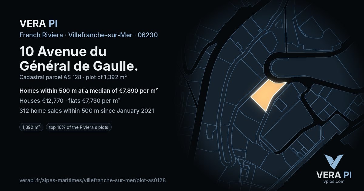 10 Avenue du Général de Gaulle, Villefranche-sur-Mer at night – the plot lit, the parcels around coloured by the prices near them