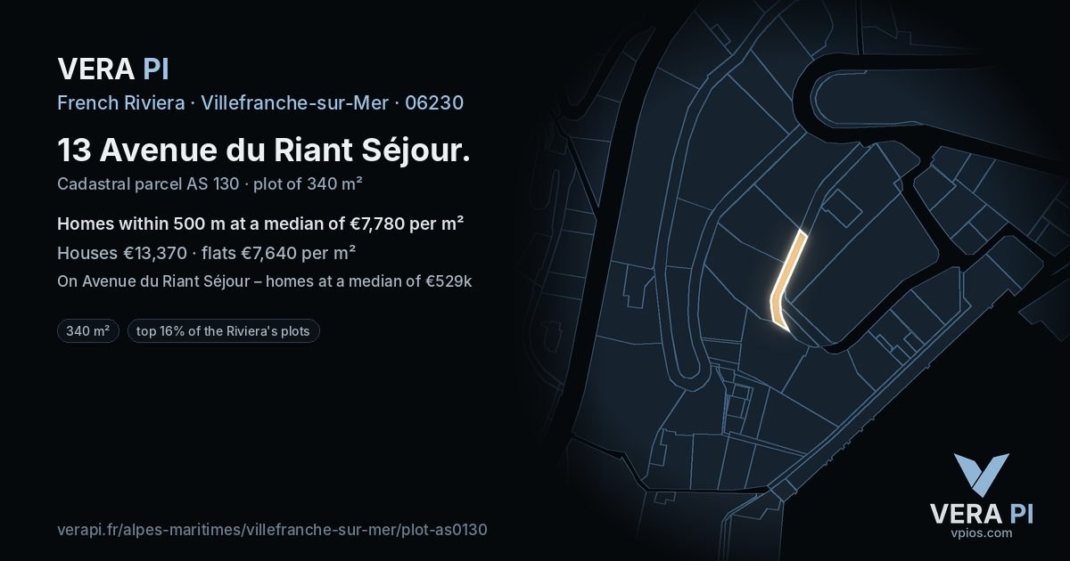 13 Avenue du Riant Séjour, Villefranche-sur-Mer at night – the plot lit, the parcels around coloured by the prices near them