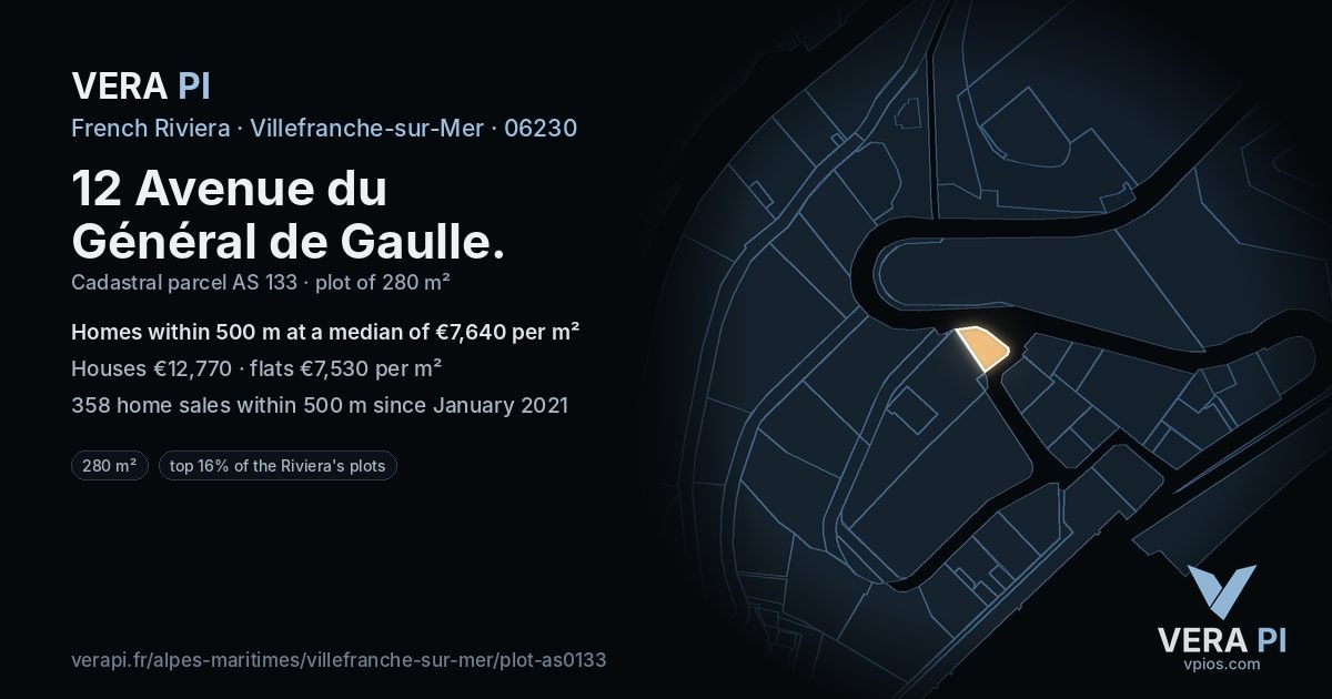12 Avenue du Général de Gaulle, Villefranche-sur-Mer at night – the plot lit, the parcels around coloured by the prices near them