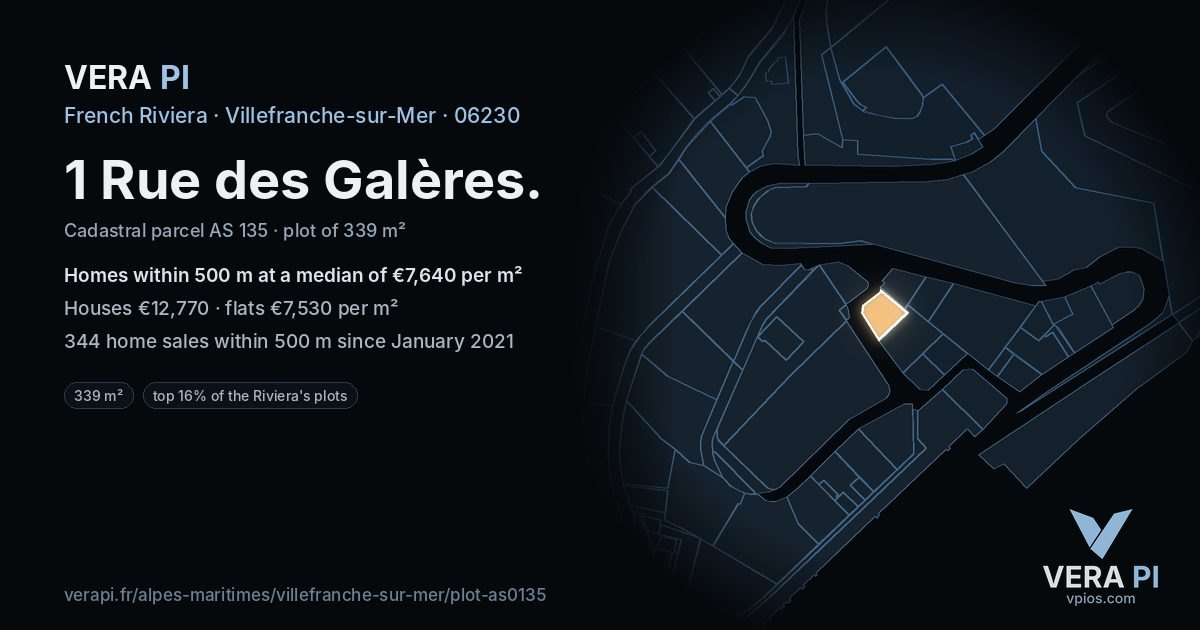1 Rue des Galères, Villefranche-sur-Mer at night – the plot lit, the parcels around coloured by the prices near them