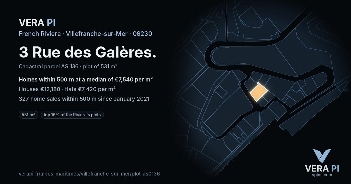 3 Rue des Galères, Villefranche-sur-Mer at night – the plot lit, the parcels around coloured by the prices near them