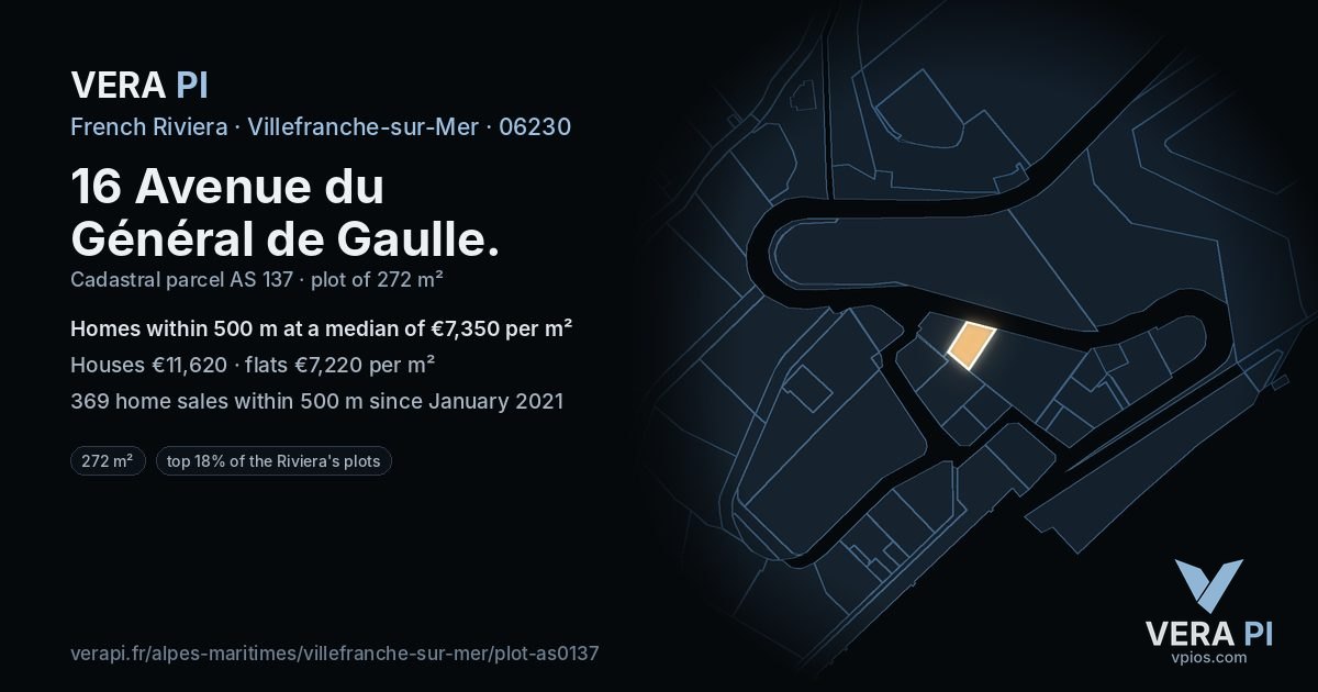 16 Avenue du Général de Gaulle, Villefranche-sur-Mer at night – the plot lit, the parcels around coloured by the prices near them