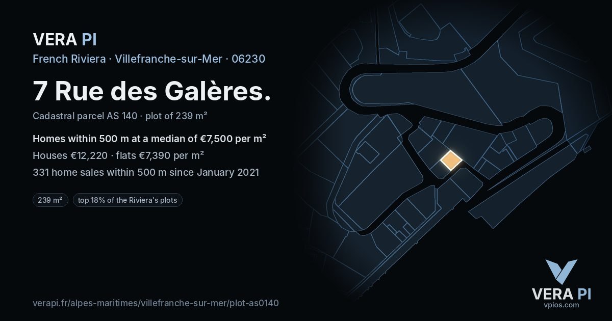 7 Rue des Galères, Villefranche-sur-Mer at night – the plot lit, the parcels around coloured by the prices near them