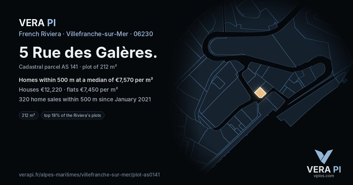 5 Rue des Galères, Villefranche-sur-Mer at night – the plot lit, the parcels around coloured by the prices near them