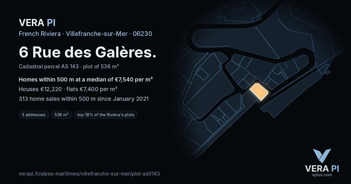 6 Rue des Galères, Villefranche-sur-Mer at night – the plot lit, the parcels around coloured by the prices near them