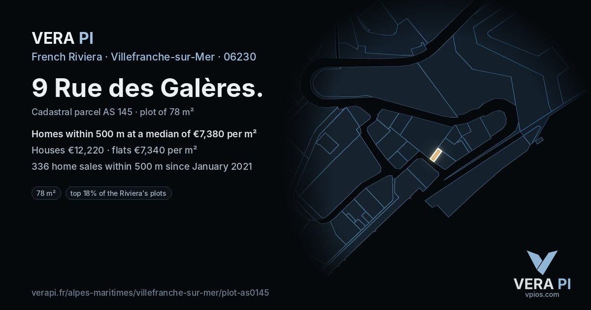 9 Rue des Galères, Villefranche-sur-Mer at night – the plot lit, the parcels around coloured by the prices near them
