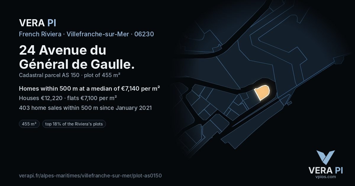 24 Avenue du Général de Gaulle, Villefranche-sur-Mer at night – the plot lit, the parcels around coloured by the prices near them