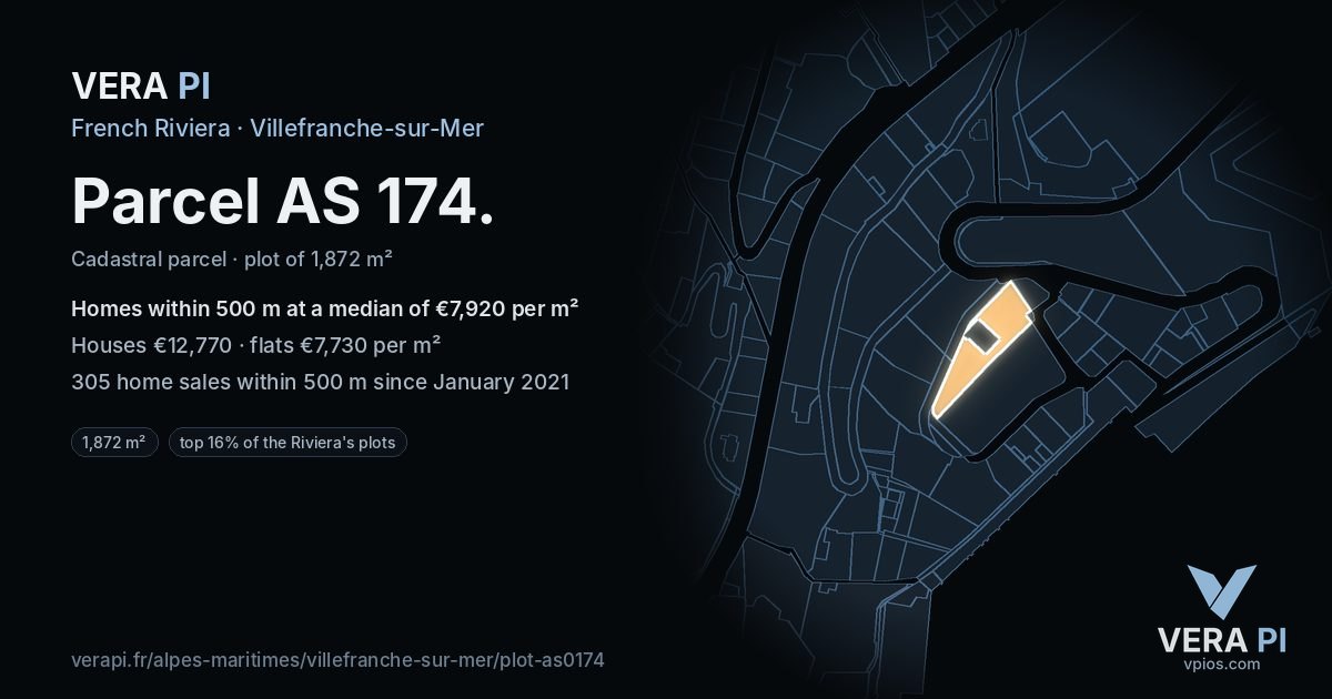 Parcel AS 174, Villefranche-sur-Mer at night – the plot lit, the parcels around coloured by the prices near them
