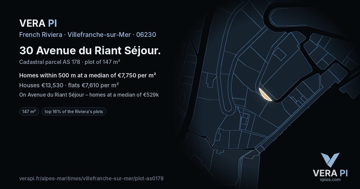 30 Avenue du Riant Séjour, Villefranche-sur-Mer at night – the plot lit, the parcels around coloured by the prices near them