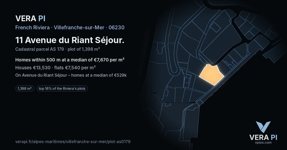 11 Avenue du Riant Séjour, Villefranche-sur-Mer at night – the plot lit, the parcels around coloured by the prices near them