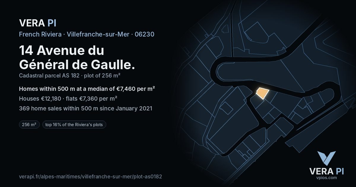 14 Avenue du Général de Gaulle, Villefranche-sur-Mer at night – the plot lit, the parcels around coloured by the prices near them