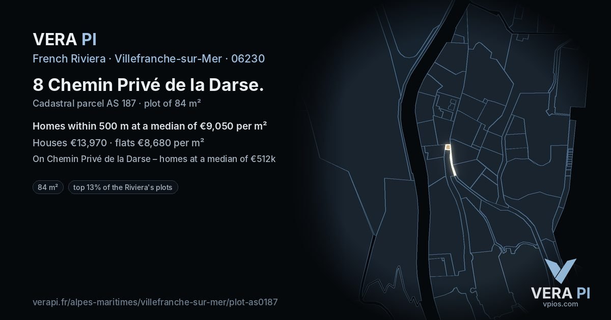 8 Chemin Privé de la Darse, Villefranche-sur-Mer at night – the plot lit, the parcels around coloured by the prices near them