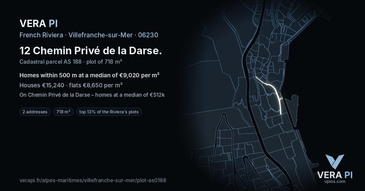 12 Chemin Privé de la Darse, Villefranche-sur-Mer at night – the plot lit, the parcels around coloured by the prices near them
