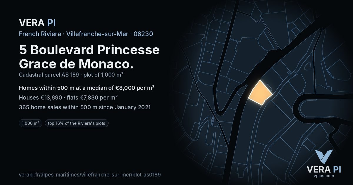 5 Boulevard Princesse Grace de Monaco, Villefranche-sur-Mer at night – the plot lit, the parcels around coloured by the prices near them