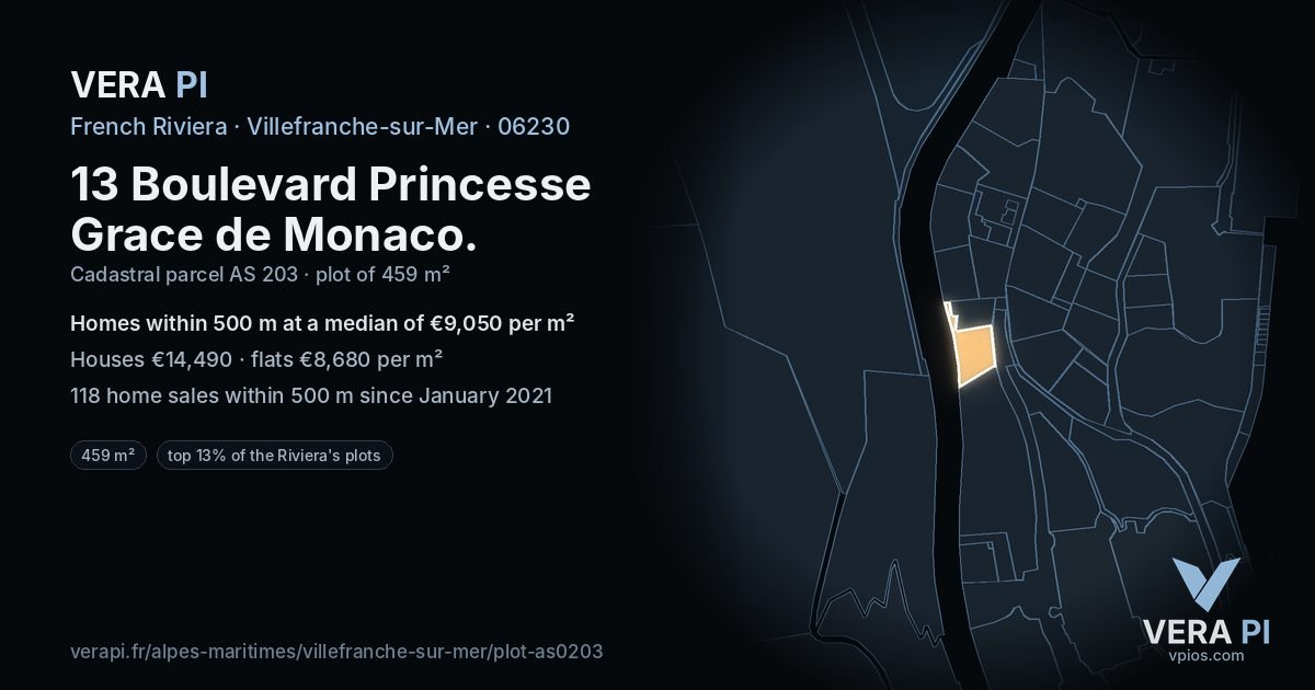 13 Boulevard Princesse Grace de Monaco, Villefranche-sur-Mer at night – the plot lit, the parcels around coloured by the prices near them