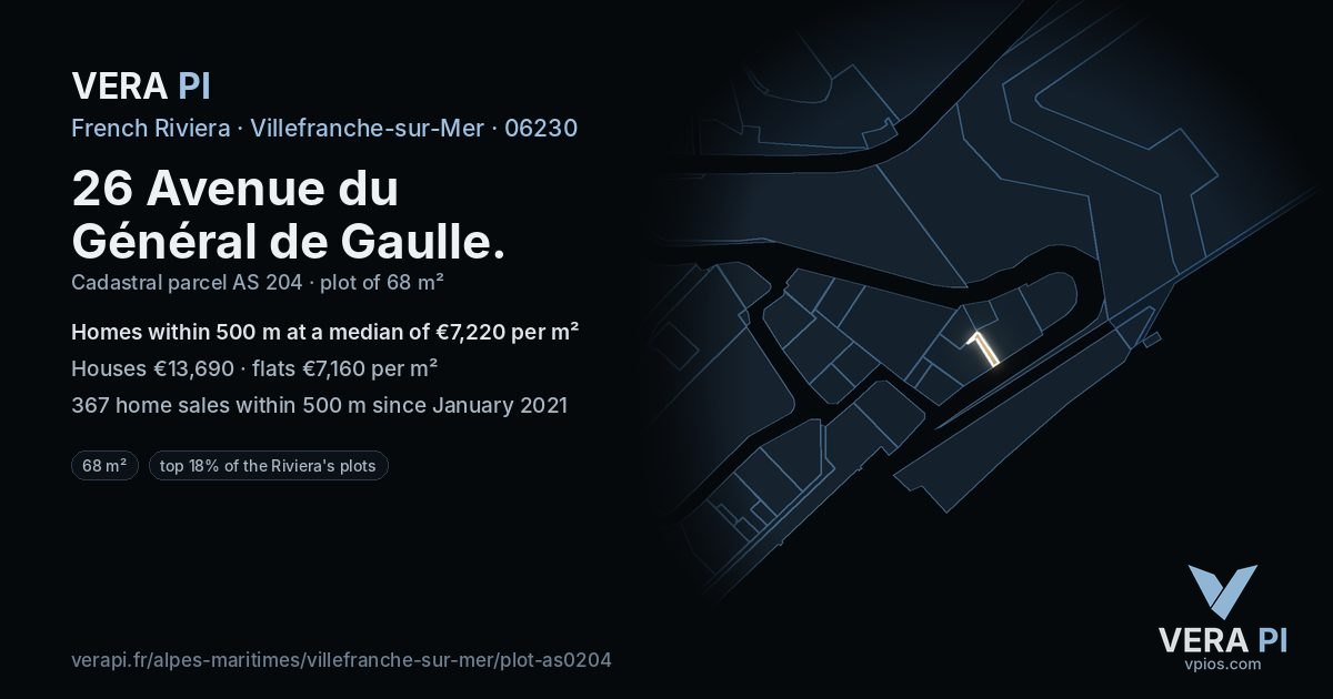 26 Avenue du Général de Gaulle, Villefranche-sur-Mer at night – the plot lit, the parcels around coloured by the prices near them