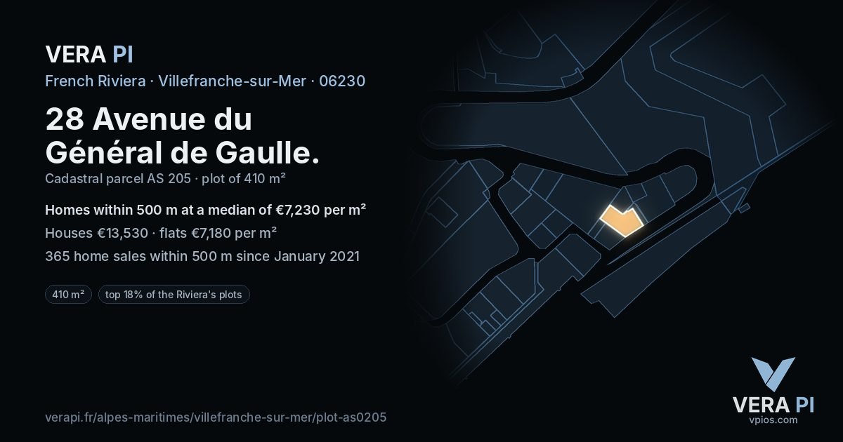 28 Avenue du Général de Gaulle, Villefranche-sur-Mer at night – the plot lit, the parcels around coloured by the prices near them