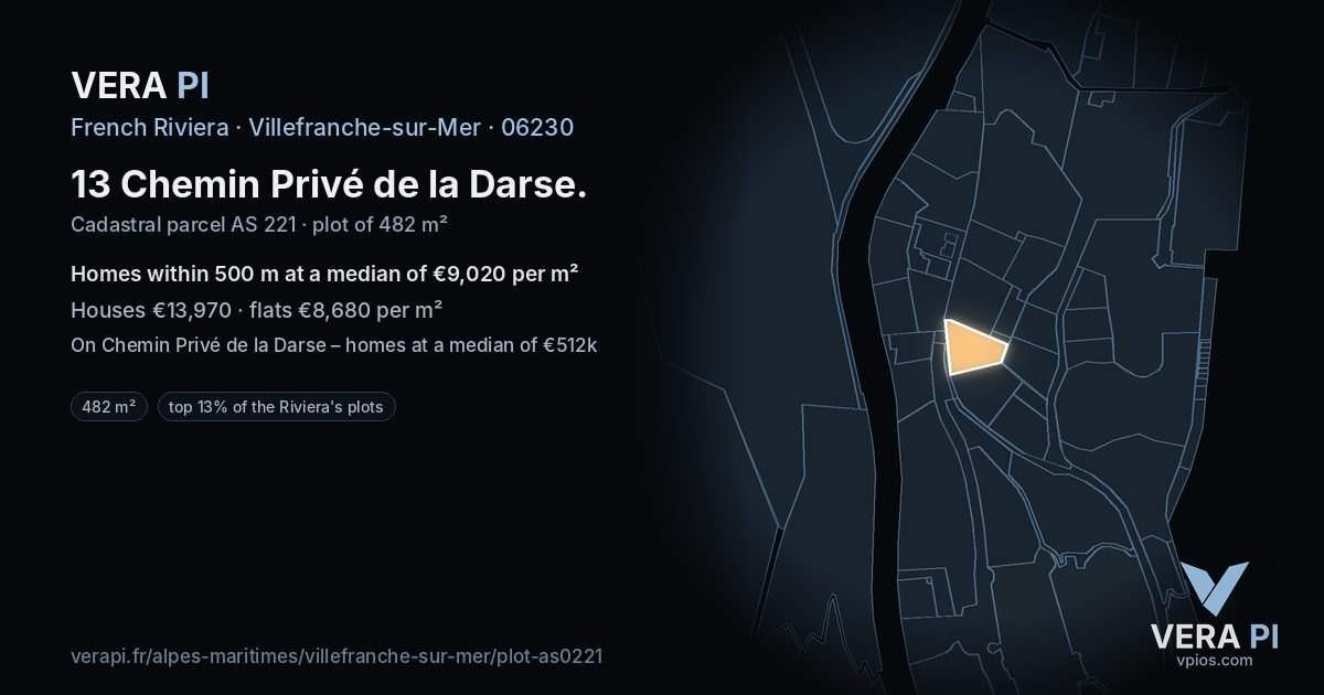 13 Chemin Privé de la Darse, Villefranche-sur-Mer at night – the plot lit, the parcels around coloured by the prices near them