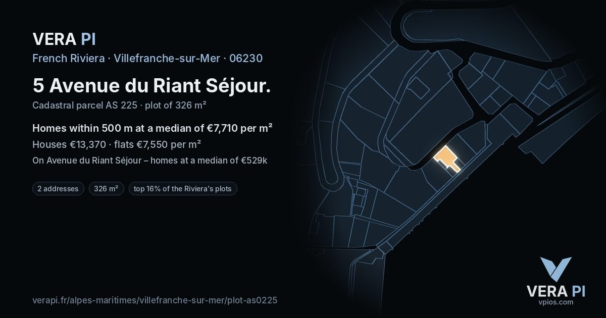 5 Avenue du Riant Séjour, Villefranche-sur-Mer at night – the plot lit, the parcels around coloured by the prices near them