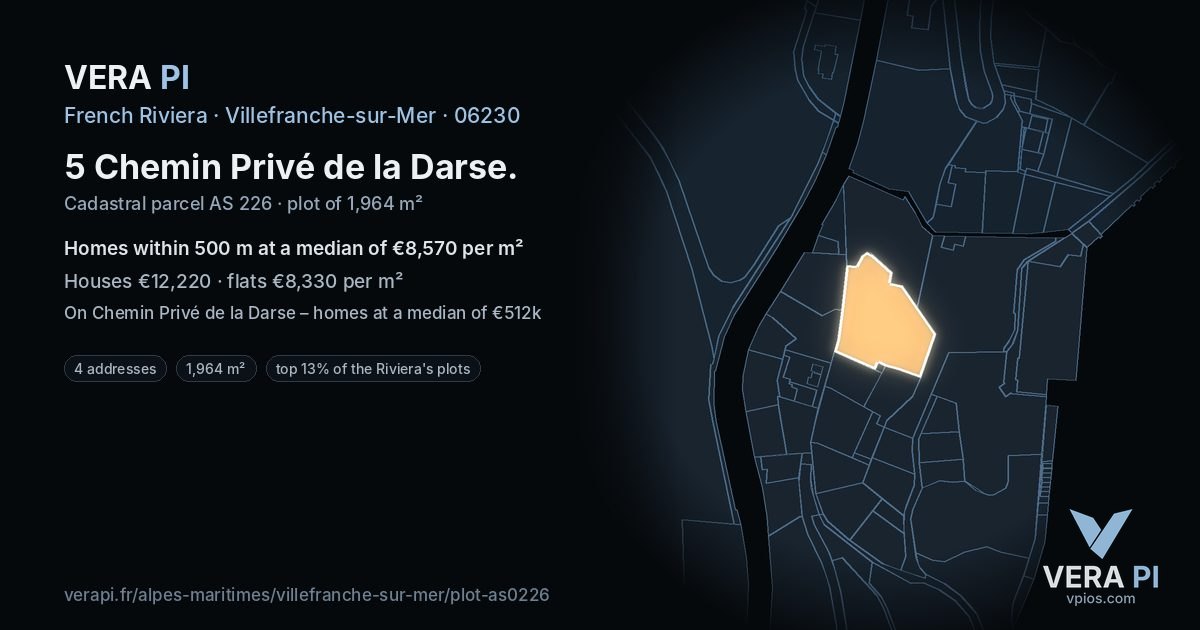 5 Chemin Privé de la Darse, Villefranche-sur-Mer at night – the plot lit, the parcels around coloured by the prices near them