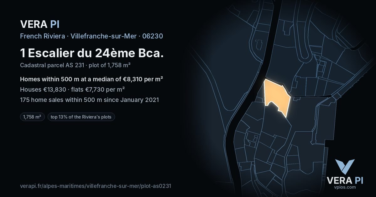 1 Escalier du 24ème Bca, Villefranche-sur-Mer at night – the plot lit, the parcels around coloured by the prices near them