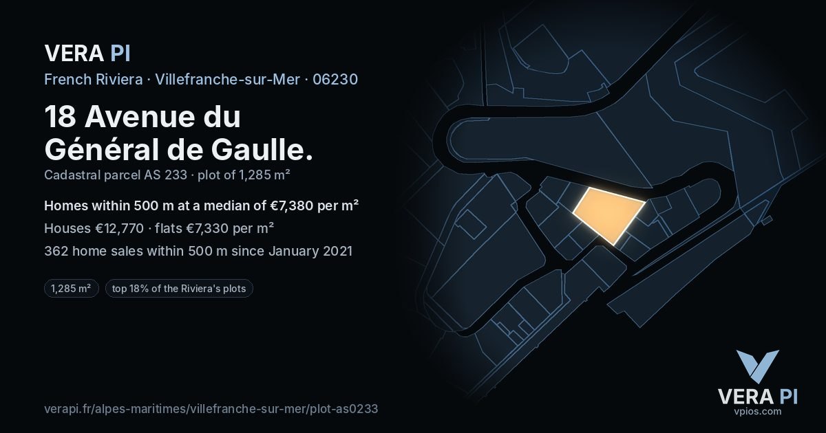 18 Avenue du Général de Gaulle, Villefranche-sur-Mer at night – the plot lit, the parcels around coloured by the prices near them