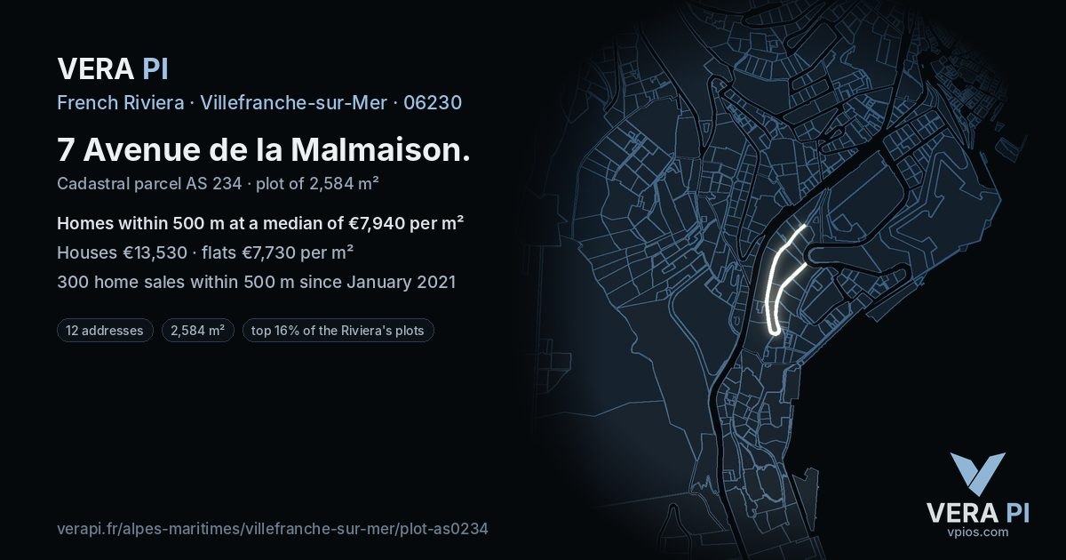 7 Avenue de la Malmaison, Villefranche-sur-Mer at night – the plot lit, the parcels around coloured by the prices near them