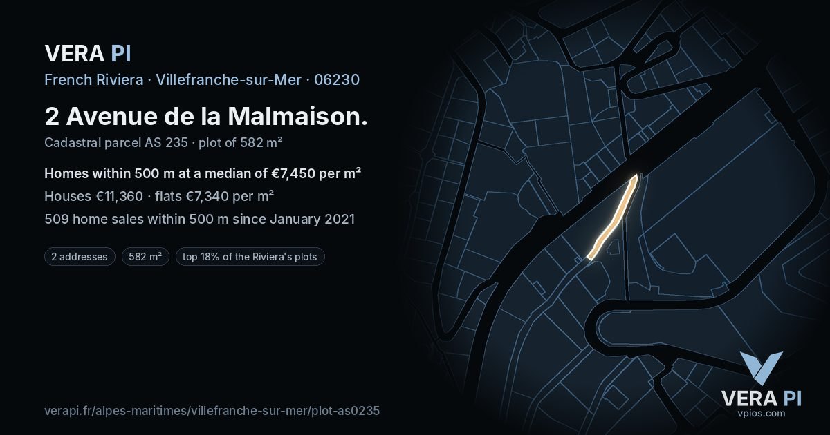 2 Avenue de la Malmaison, Villefranche-sur-Mer at night – the plot lit, the parcels around coloured by the prices near them
