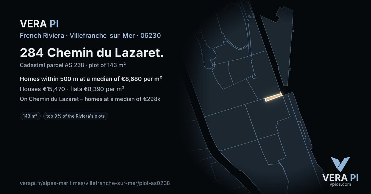 284 Chemin du Lazaret, Villefranche-sur-Mer at night – the plot lit, the parcels around coloured by the prices near them