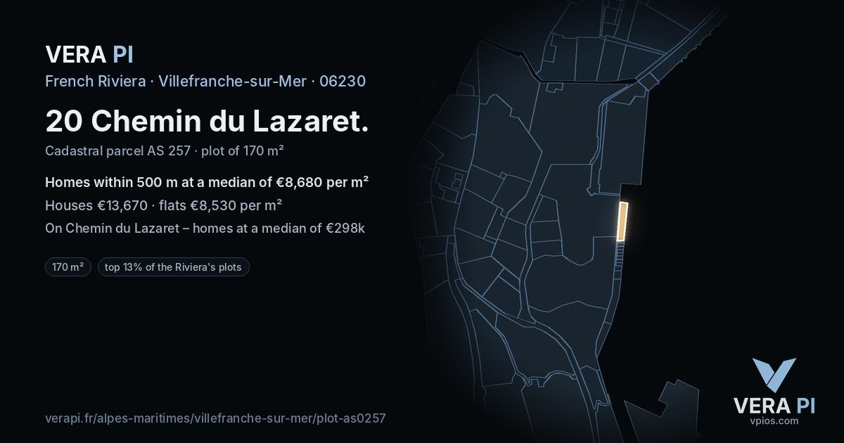 20 Chemin du Lazaret, Villefranche-sur-Mer at night – the plot lit, the parcels around coloured by the prices near them