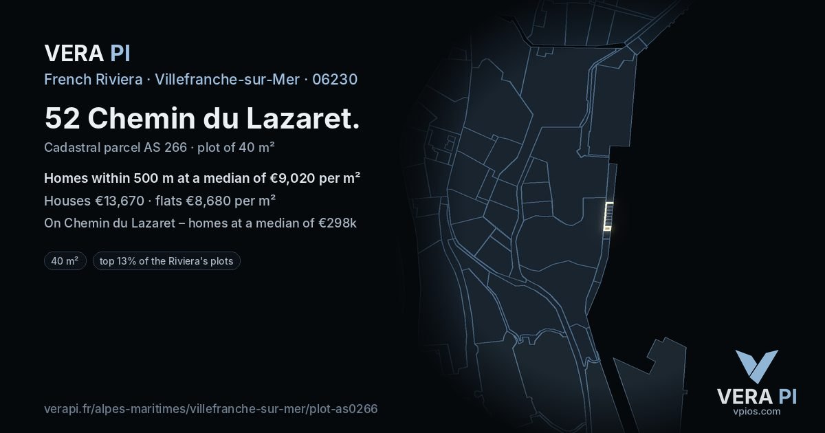 52 Chemin du Lazaret, Villefranche-sur-Mer at night – the plot lit, the parcels around coloured by the prices near them