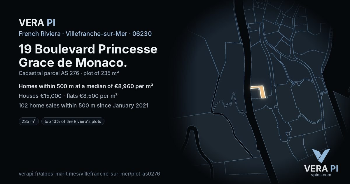 19 Boulevard Princesse Grace de Monaco, Villefranche-sur-Mer at night – the plot lit, the parcels around coloured by the prices near them