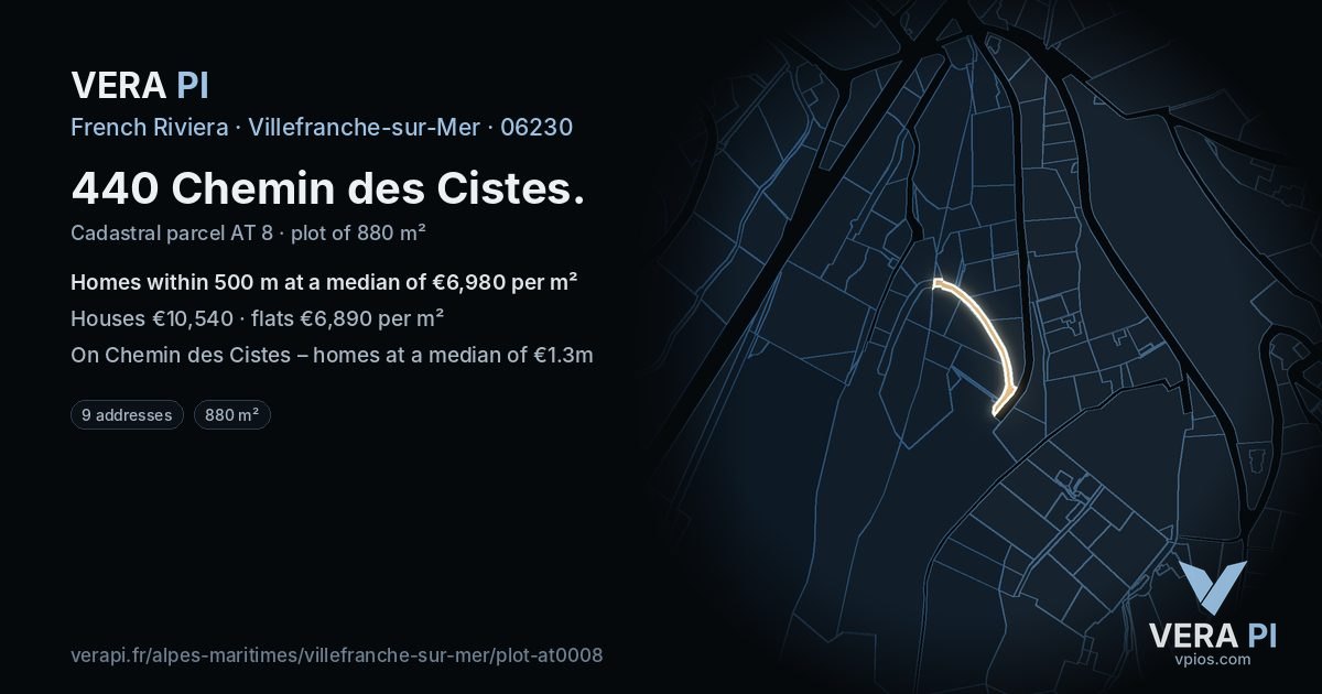 440 Chemin des Cistes, Villefranche-sur-Mer at night – the plot lit, the parcels around coloured by the prices near them