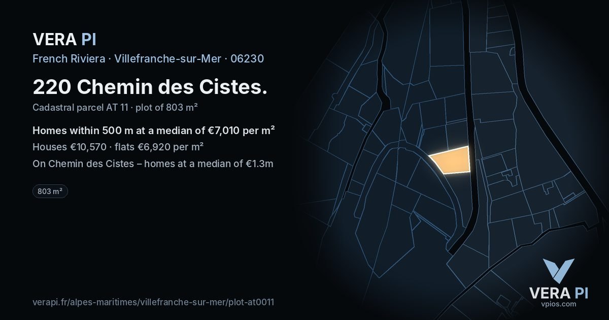 220 Chemin des Cistes, Villefranche-sur-Mer at night – the plot lit, the parcels around coloured by the prices near them