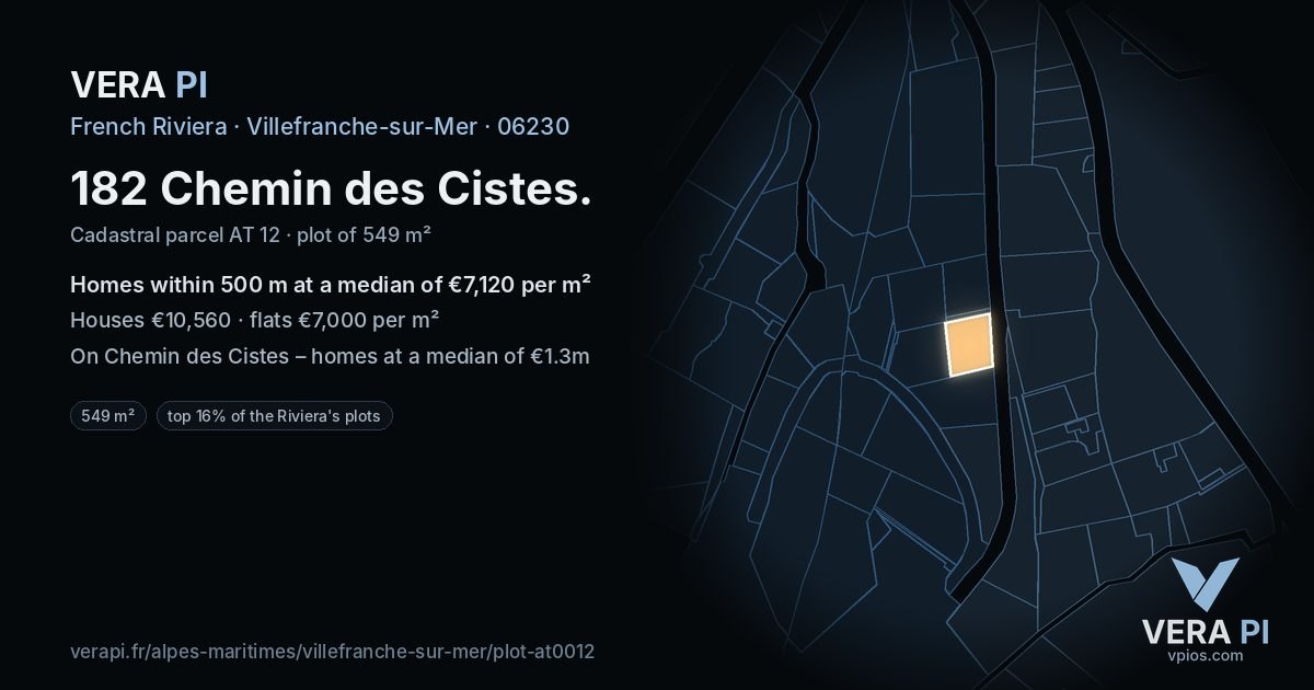182 Chemin des Cistes, Villefranche-sur-Mer at night – the plot lit, the parcels around coloured by the prices near them