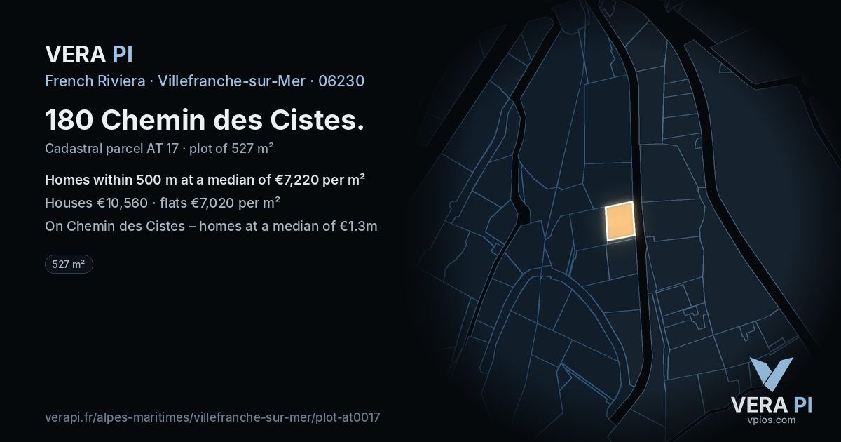 180 Chemin des Cistes, Villefranche-sur-Mer at night – the plot lit, the parcels around coloured by the prices near them