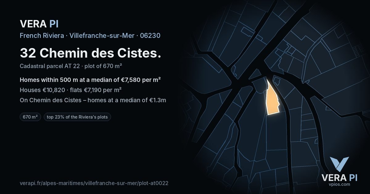 32 Chemin des Cistes, Villefranche-sur-Mer at night – the plot lit, the parcels around coloured by the prices near them