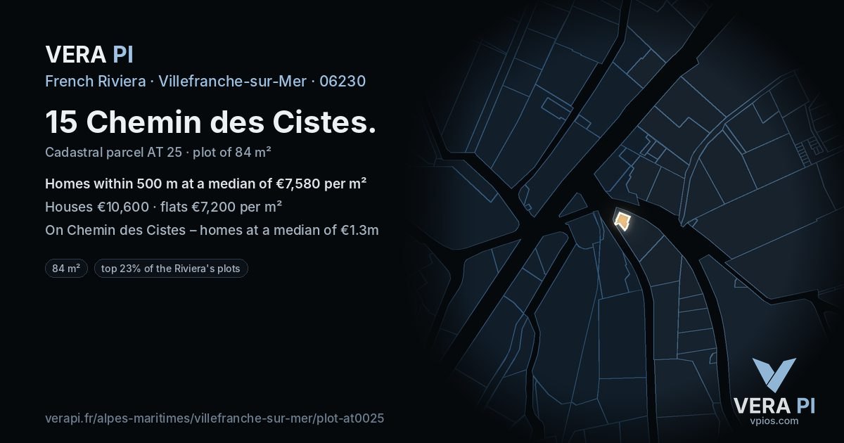 15 Chemin des Cistes, Villefranche-sur-Mer at night – the plot lit, the parcels around coloured by the prices near them