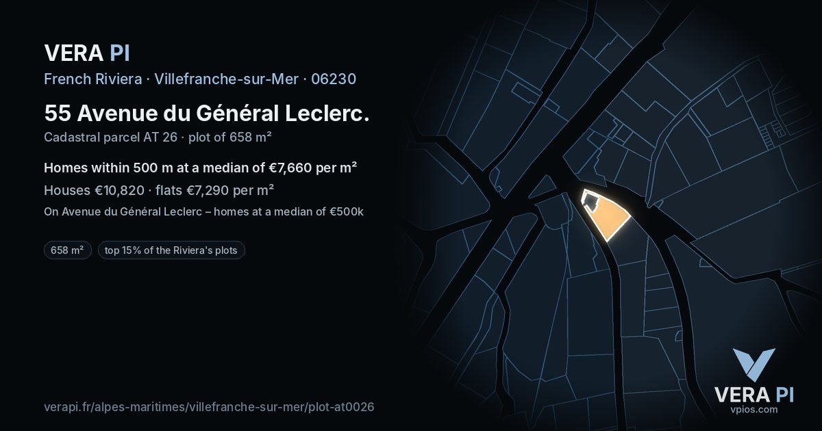55 Avenue du Général Leclerc, Villefranche-sur-Mer at night – the plot lit, the parcels around coloured by the prices near them