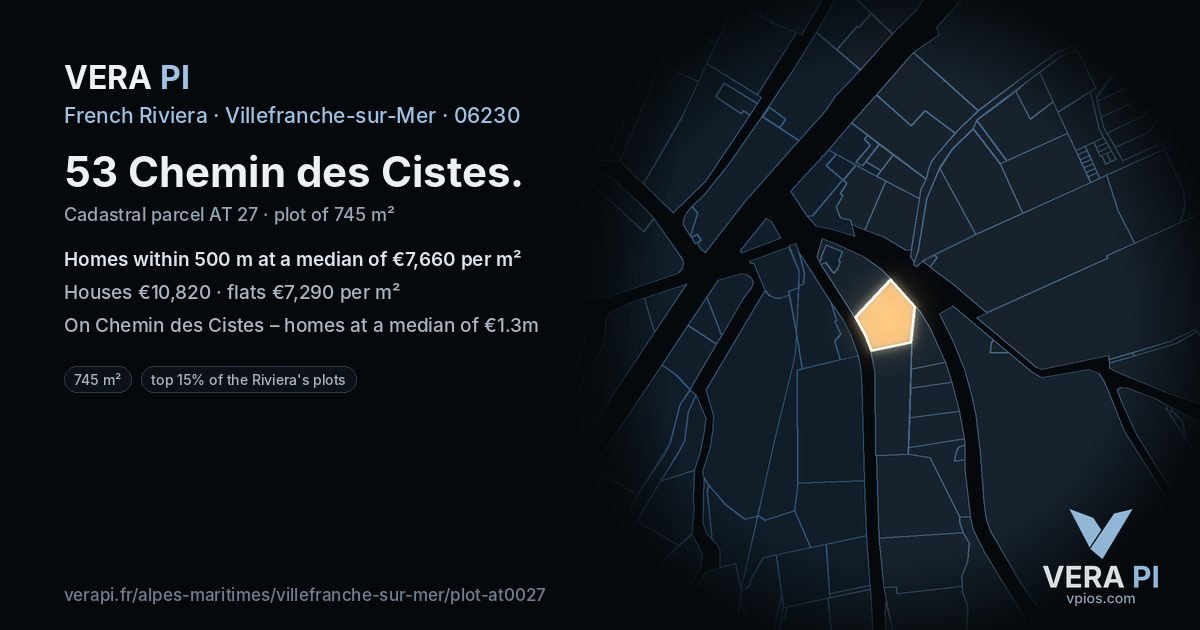 53 Chemin des Cistes, Villefranche-sur-Mer at night – the plot lit, the parcels around coloured by the prices near them