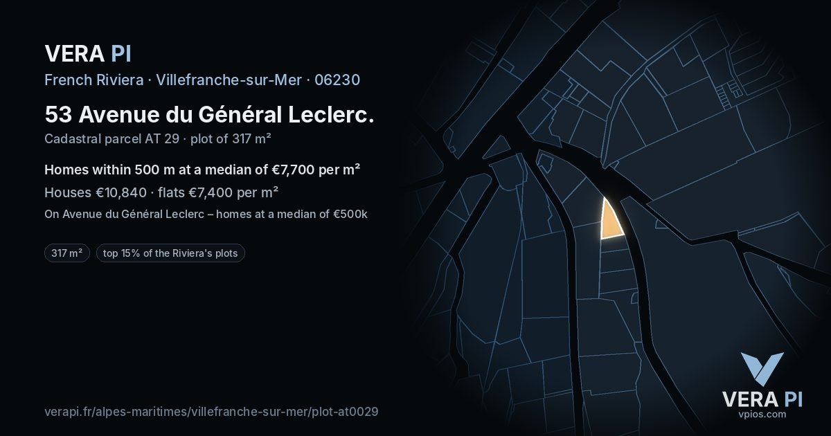 53 Avenue du Général Leclerc, Villefranche-sur-Mer at night – the plot lit, the parcels around coloured by the prices near them