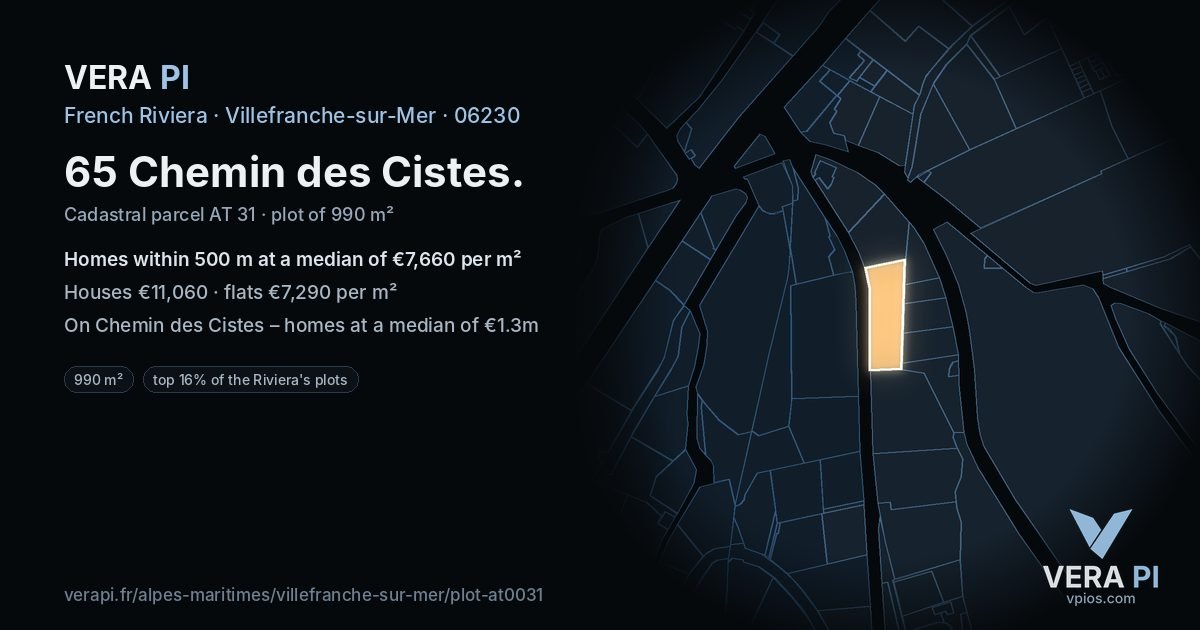 65 Chemin des Cistes, Villefranche-sur-Mer at night – the plot lit, the parcels around coloured by the prices near them