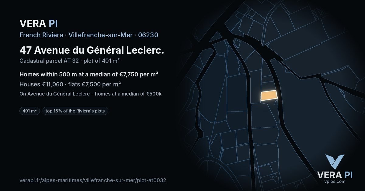 47 Avenue du Général Leclerc, Villefranche-sur-Mer at night – the plot lit, the parcels around coloured by the prices near them