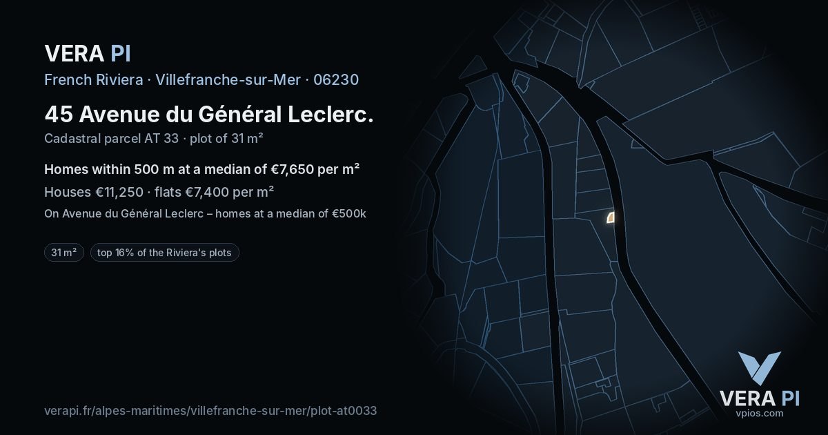 45 Avenue du Général Leclerc, Villefranche-sur-Mer at night – the plot lit, the parcels around coloured by the prices near them